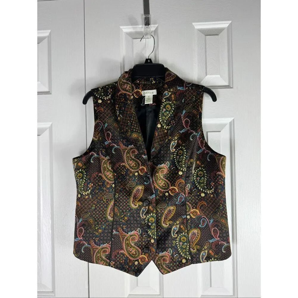 Orvis Vintage Paisley Womens Tapestry Collared Button Velvet Burnout Vest M
